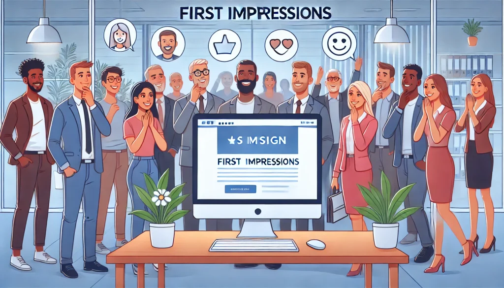 An image illustrating the importance of first impressions in website design. Show a computer screen with a beautifully designed website and a group of